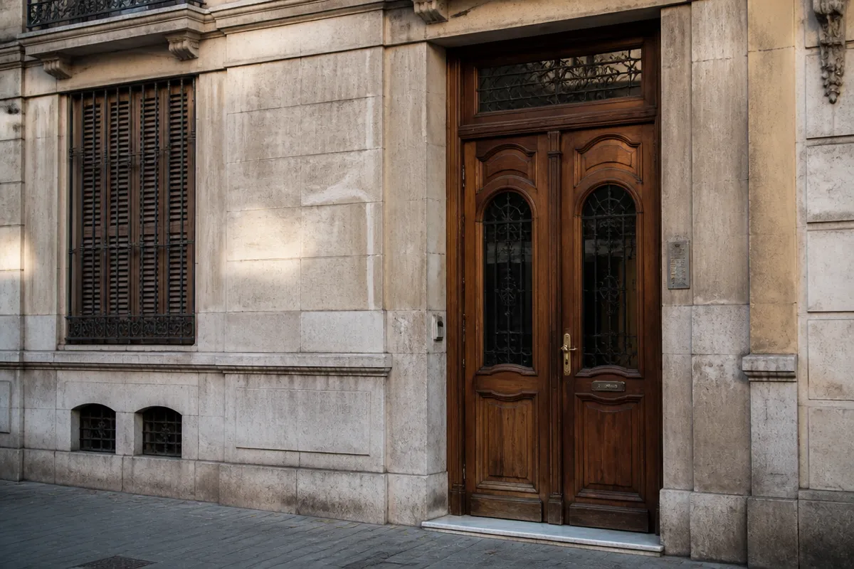 Portal de madera de un edificio de Valencia, zona de servicio del cerrajero